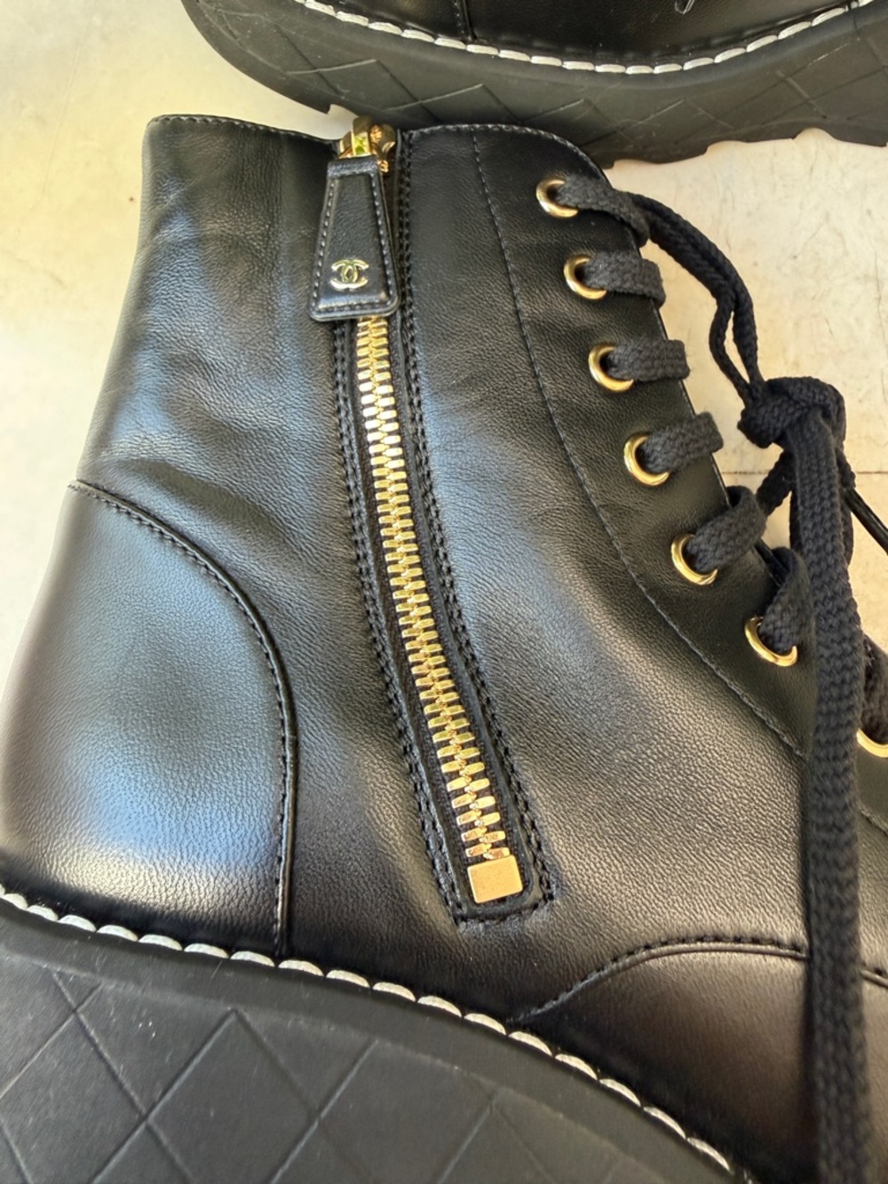 Chanel 2024 Interlocking CC Logo Combat Wedge Lambskin Lace Up Ankle Boots 36.5 - Picture 14 of 16